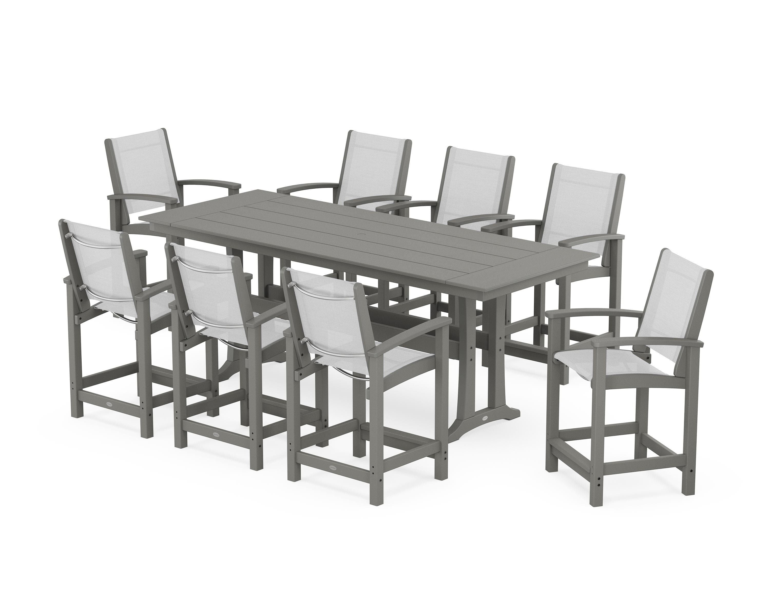 POLYWOOD® Coastal 9-Piece Farmhouse Counter Set with Trestle Legs in Slate Grey / White Sling