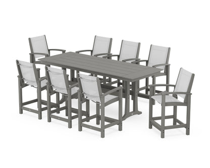 POLYWOOD® Coastal 9-Piece Farmhouse Counter Set with Trestle Legs in Slate Grey / White Sling