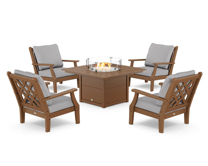 Country Living Wovendale 5-Piece Deep Seating Set with Fire Pit Table in Teak / Granite