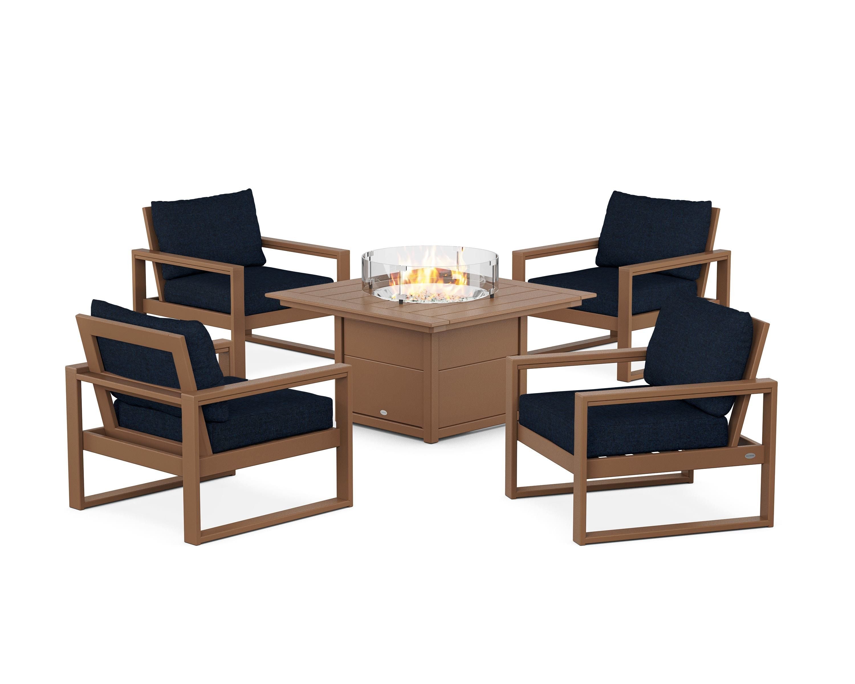POLYWOOD® EDGE Sectional 5-Piece Deep Seating Set with Fire Pit Table in Teak / Marine Indigo
