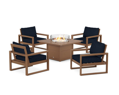 POLYWOOD® EDGE Sectional 5-Piece Deep Seating Set with Fire Pit Table in Teak / Marine Indigo