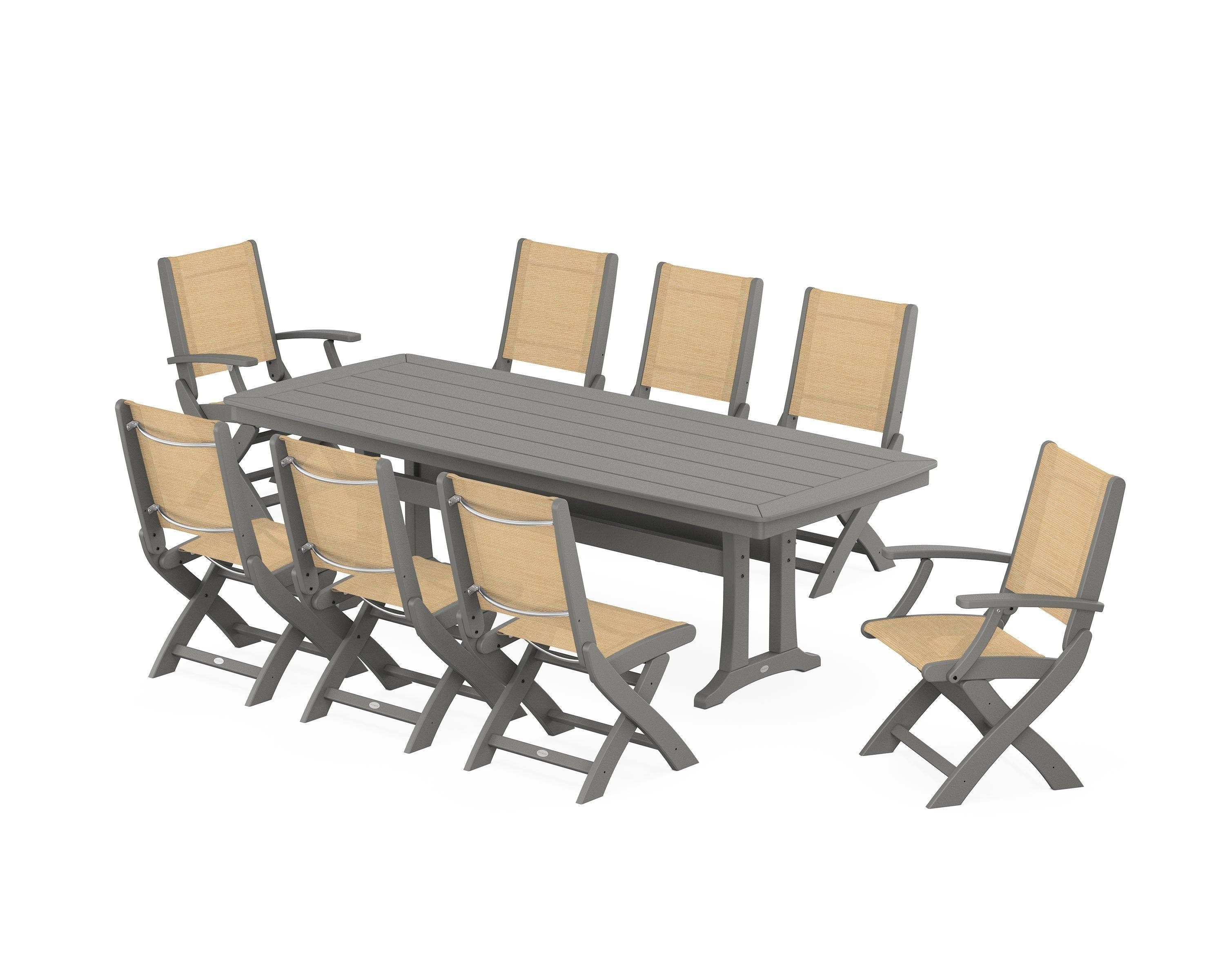 POLYWOOD® Coastal Folding 9-Piece Dining Set with Trestle Legs in Slate Grey / Dupioni Apricot Sling