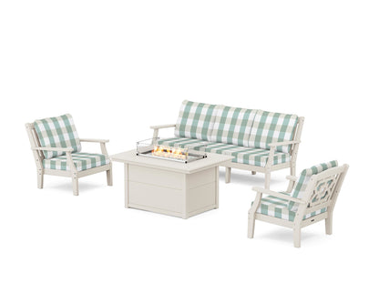 Martha Stewart by POLYWOOD® Chinoiserie Deep Seating Fire Pit Table Set in Sand / Buffalo Plaid Glacier Spa
