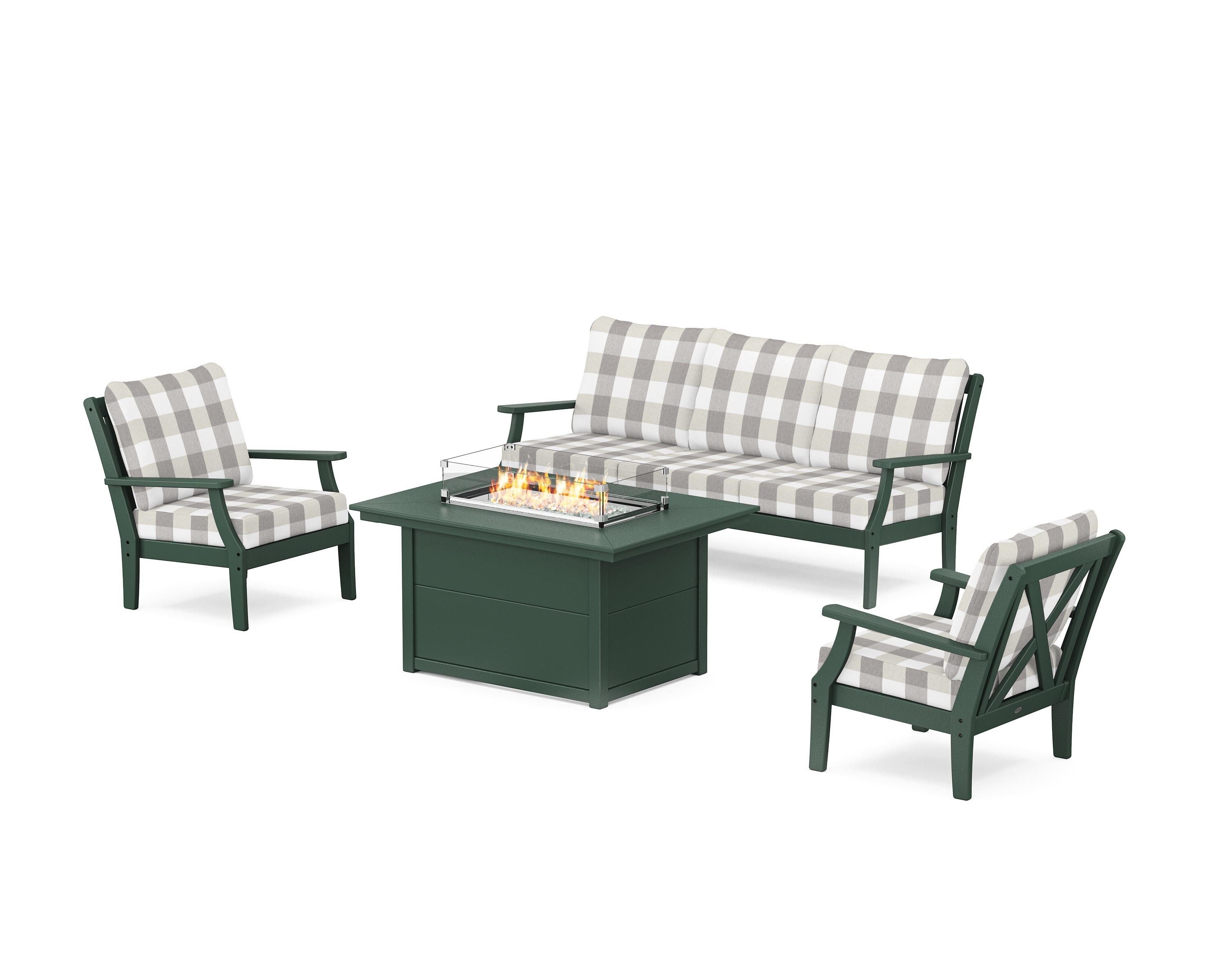 POLYWOOD® Braxton Deep Seating Fire Pit Table Set in Green / Buffalo Plaid Grey Mist