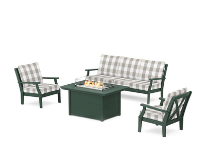 POLYWOOD® Braxton Deep Seating Fire Pit Table Set in Green / Buffalo Plaid Grey Mist