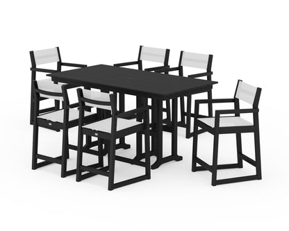 POLYWOOD® EDGE Sling Arm Chair 7-Piece Farmhouse Counter Set in Black / White Sling