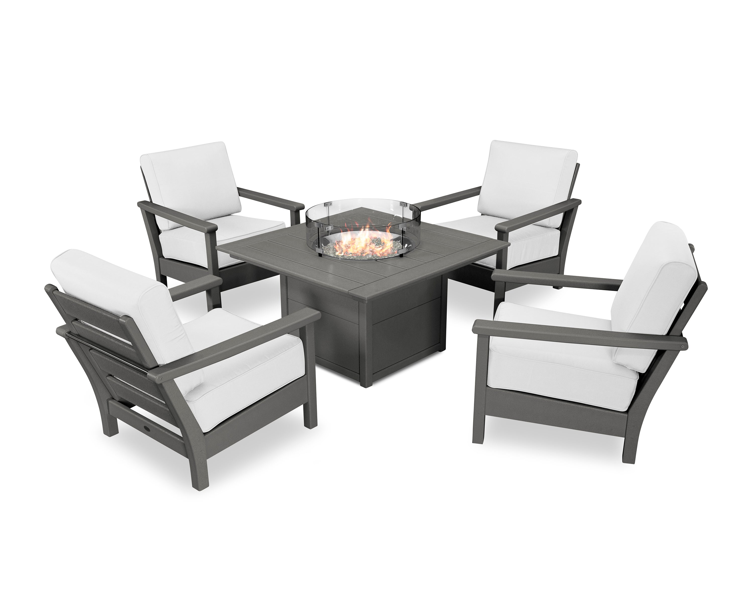 POLYWOOD® Harbour 5-Piece Conversation Set with Fire Pit Table in Slate Grey / Natural