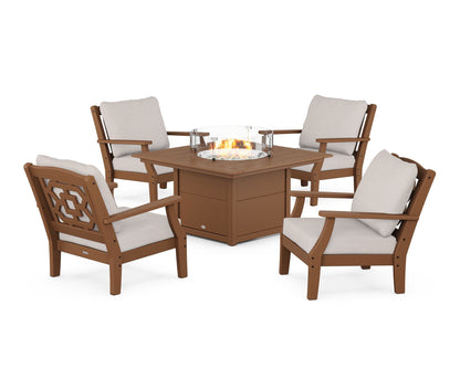 Martha Stewart by POLYWOOD® Chinoiserie 5-Piece Deep Seating Set with Fire Pit Table in Teak / Dune Burlap
