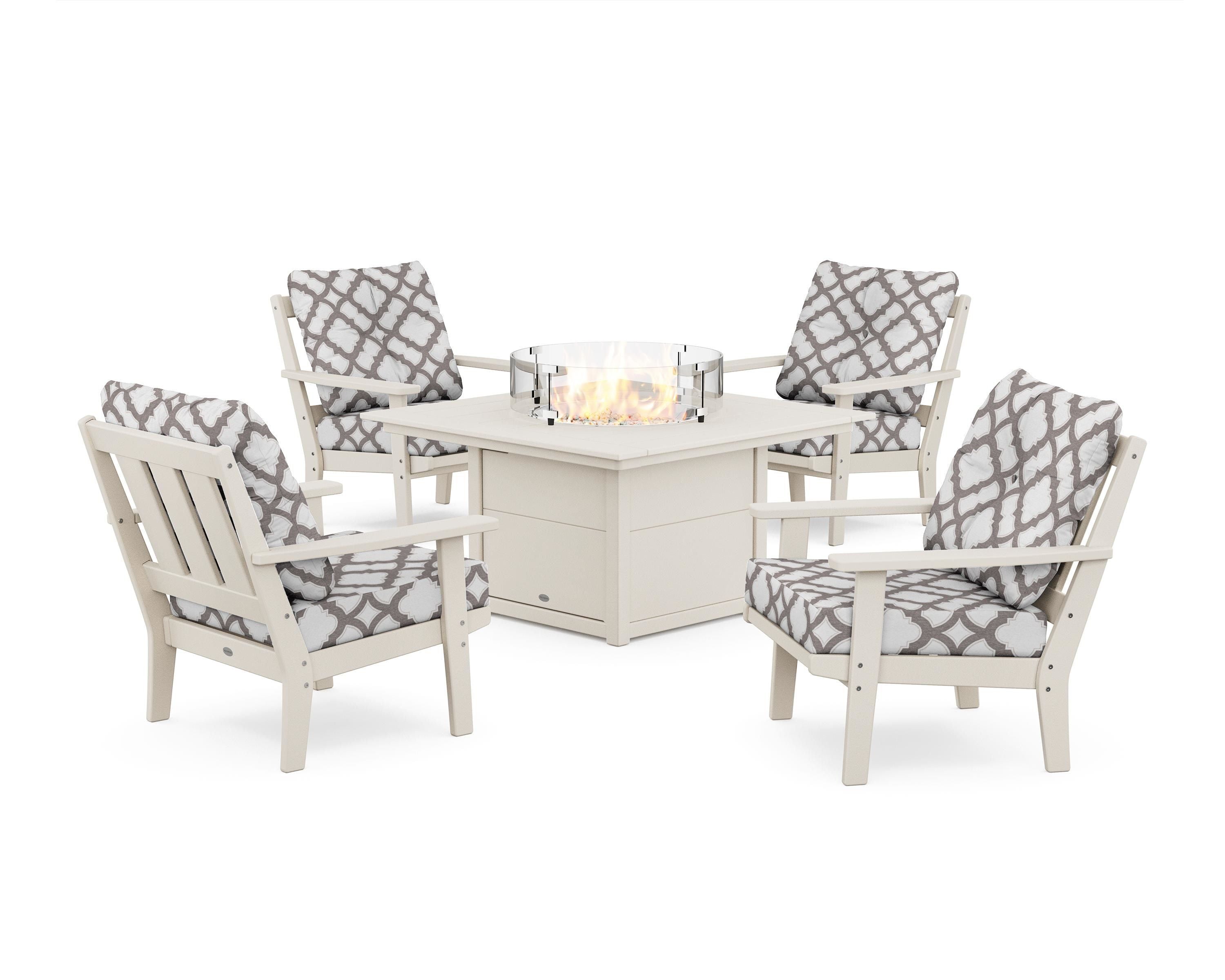 POLYWOOD® Oxford 5-Piece Deep Seating Set with Fire Pit Table in Sand / Trellis Grey Mist