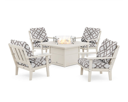 POLYWOOD® Oxford 5-Piece Deep Seating Set with Fire Pit Table in Sand / Trellis Grey Mist