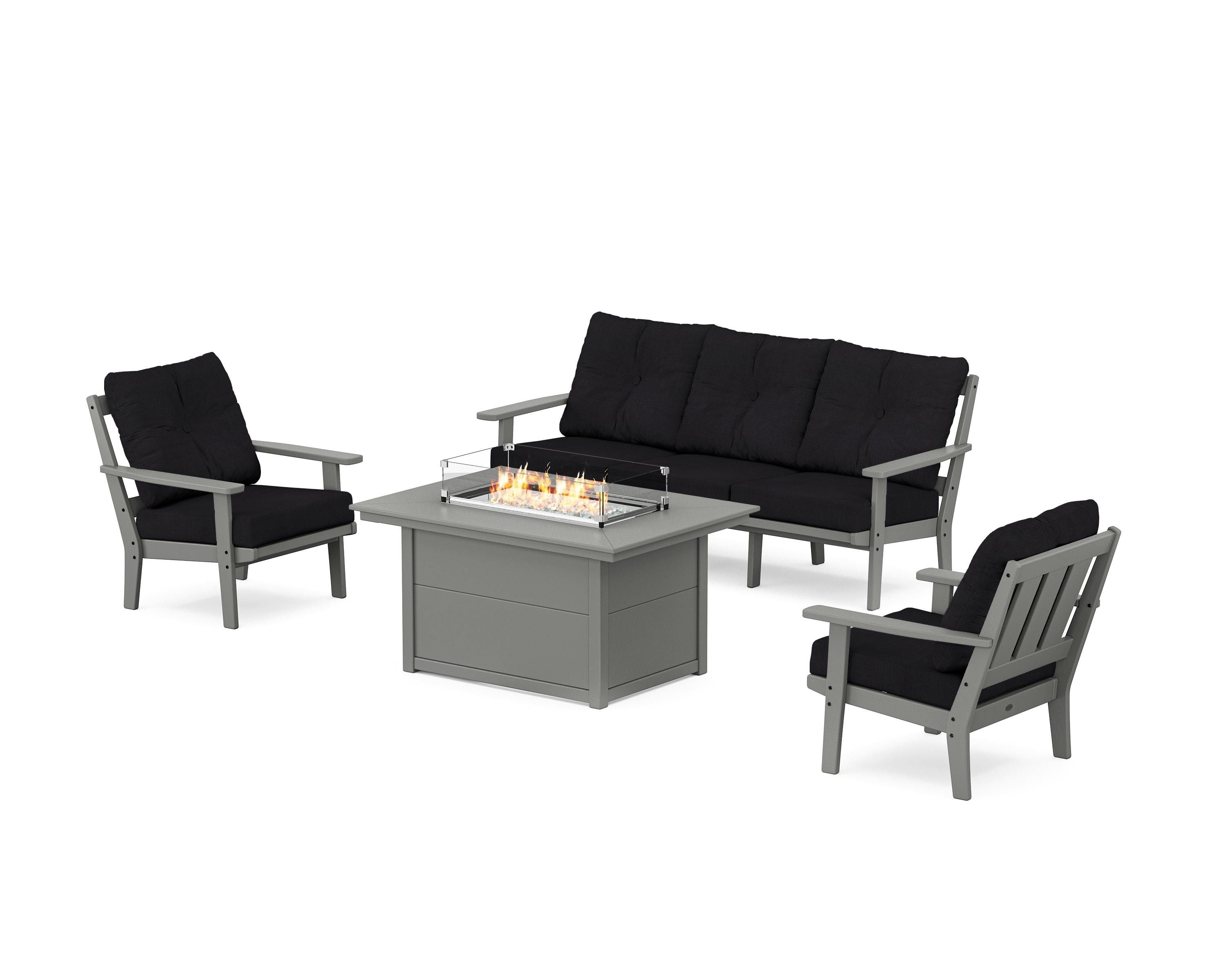 POLYWOOD® Oxford Deep Seating Fire Pit Table Set in Slate Grey / Midnight Linen