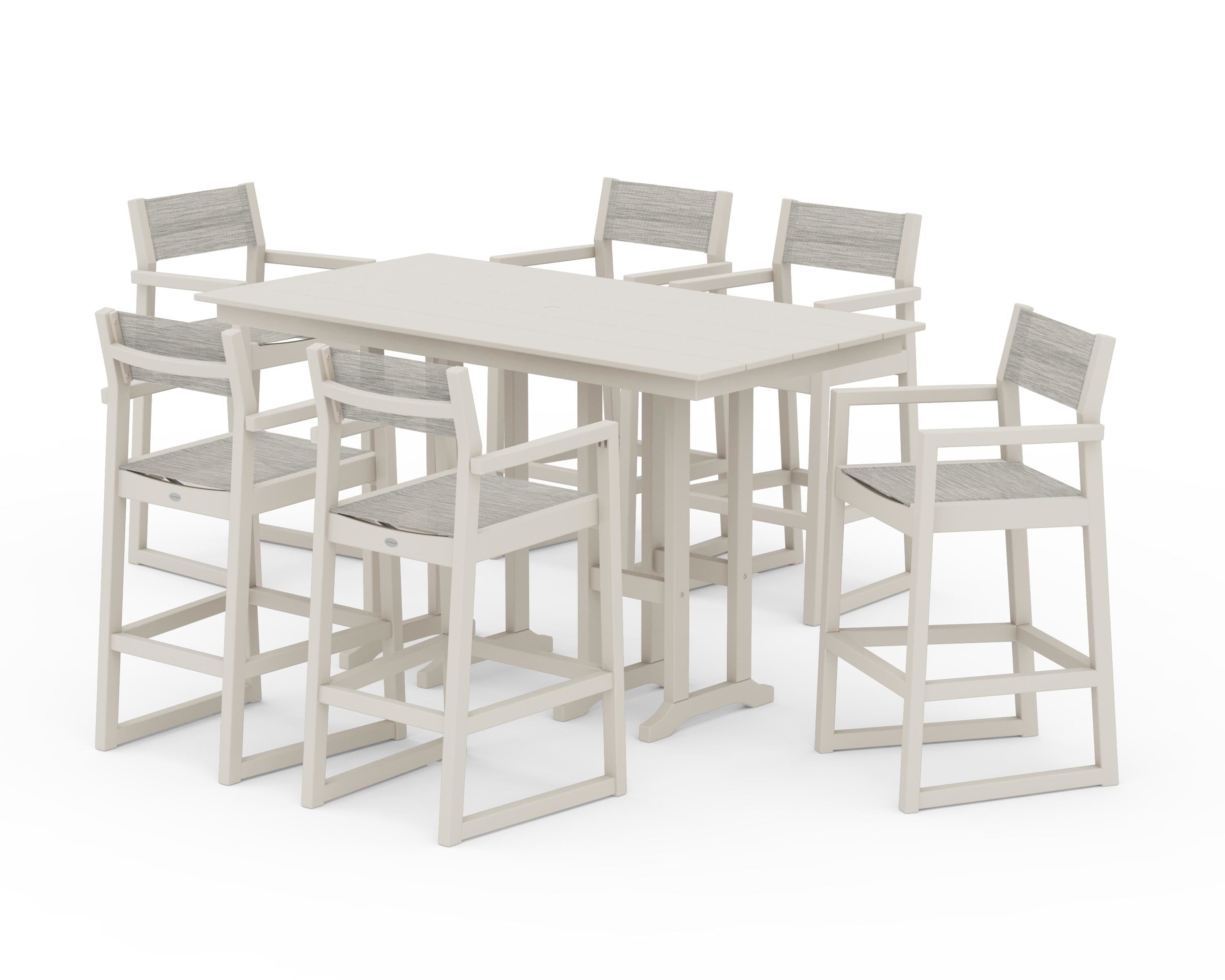 POLYWOOD® EDGE Sling Arm Chair 7-Piece Farmhouse Bar Set in Sand / Birch Sling