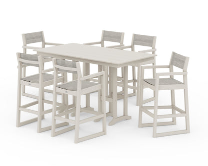POLYWOOD® EDGE Sling Arm Chair 7-Piece Farmhouse Bar Set in Sand / Birch Sling