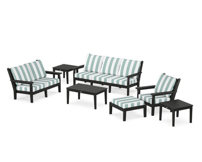 POLYWOOD® Chippendale 7-Piece Deep Seating Set in Black / Cabana Stripe Glacier Spa