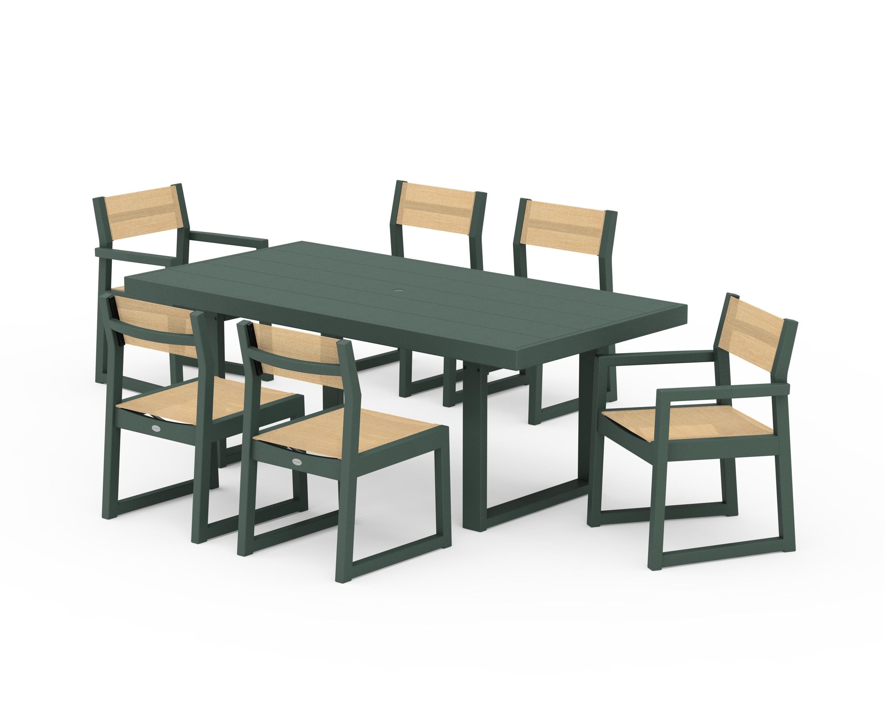 POLYWOOD® EDGE Sling 7-Piece Dining Set in Green / Dupioni Apricot Sling