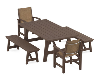 POLYWOOD® Coastal 5-Piece Rustic Farmhouse Dining Set With Benches in Mahogany / Burlap Sling