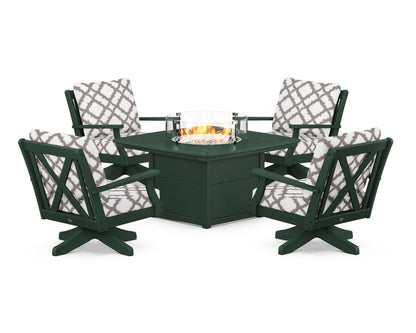 POLYWOOD® Braxton 5-Piece Deep Seating Swivel Conversation Set with Fire Pit Table in Green / Trellis Grey Mist