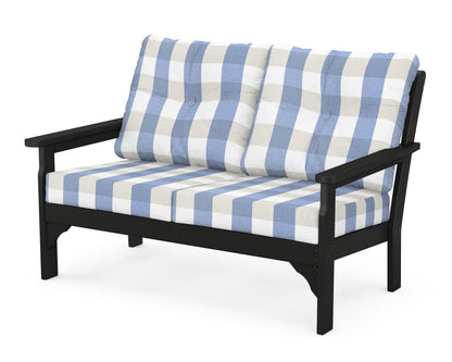 POLYWOOD® Vineyard Deep Seating Loveseat in Black / Buffalo Plaid Sky Blue