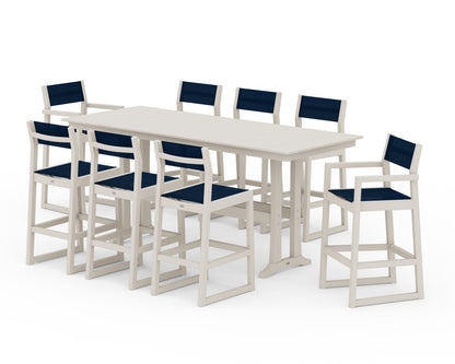 POLYWOOD® EDGE Sling 9-Piece Farmhouse Bar Set with Trestle Legs in Sand / Navy Blue Sling