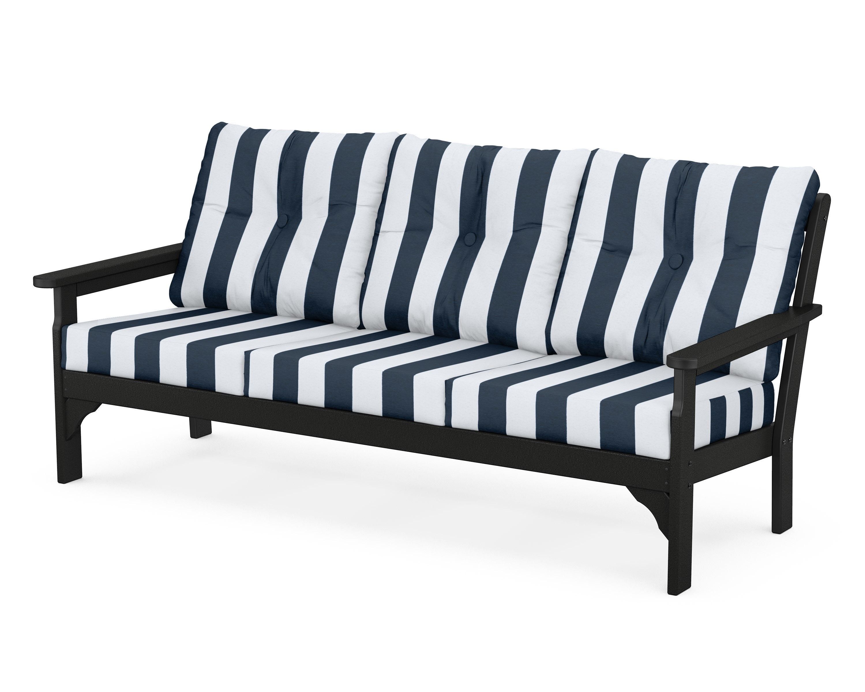POLYWOOD® Vineyard Deep Seating Sofa in Black / Cabana Stripe Marine Indigo