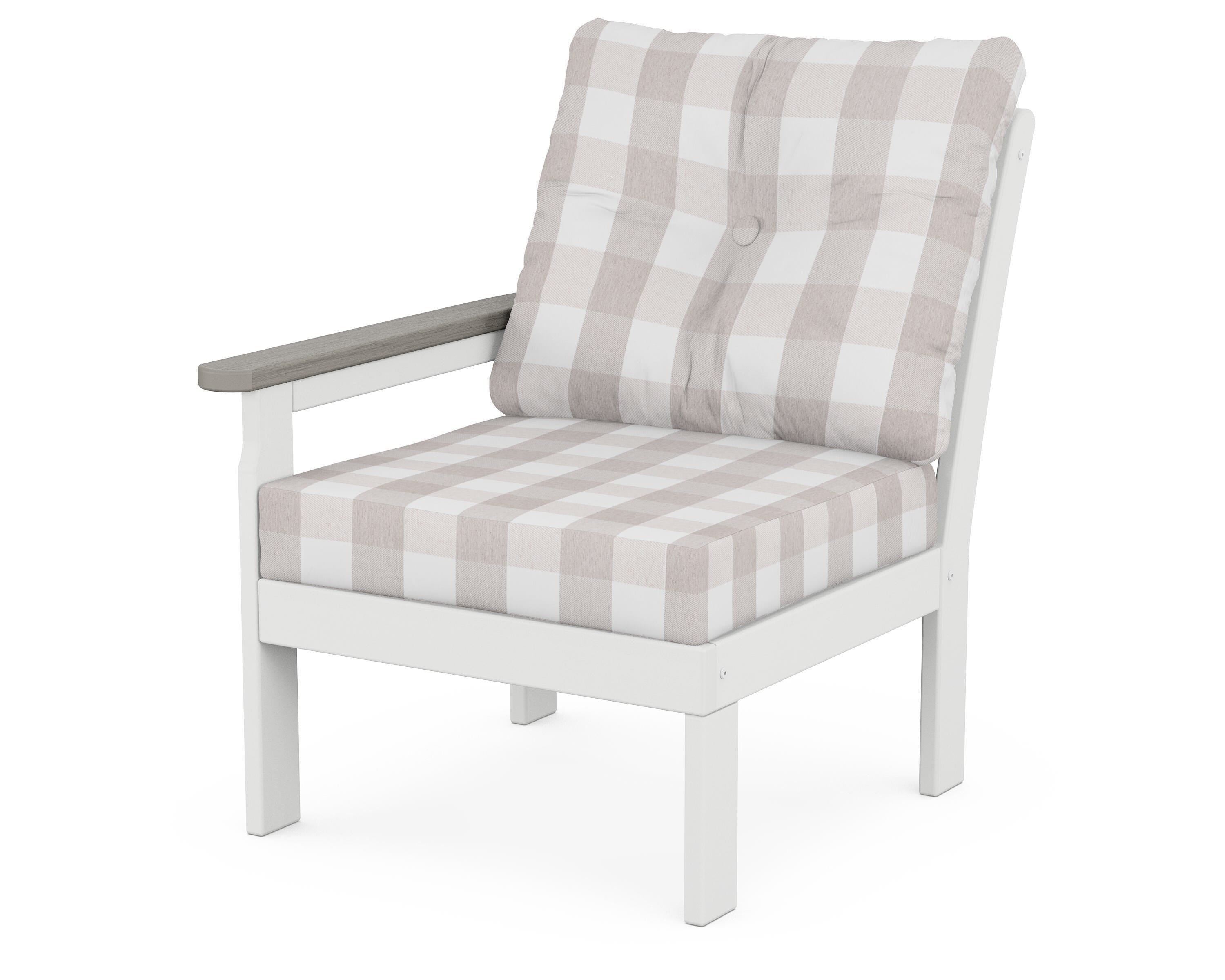 POLYWOOD® Vineyard Modular Left Arm Chair in White / Driftwood / Buffalo Plaid Dune Burlap