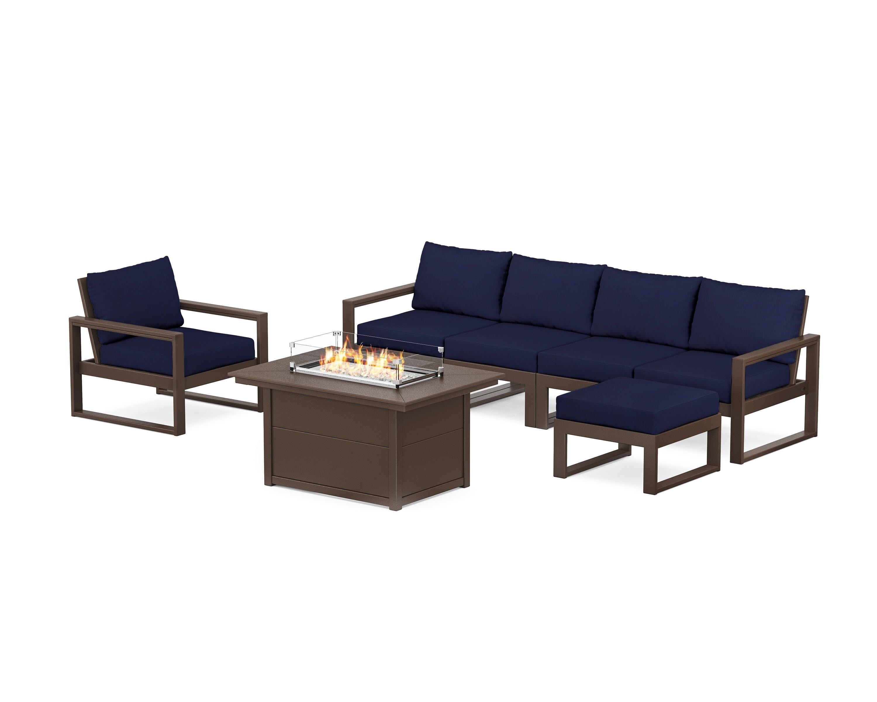 POLYWOOD® EDGE Sectional Lounge and Fire Pit Set in Mahogany / Navy