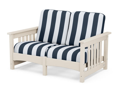 POLYWOOD® Club Mission Loveseat in Sand / Cabana Stripe Marine Indigo