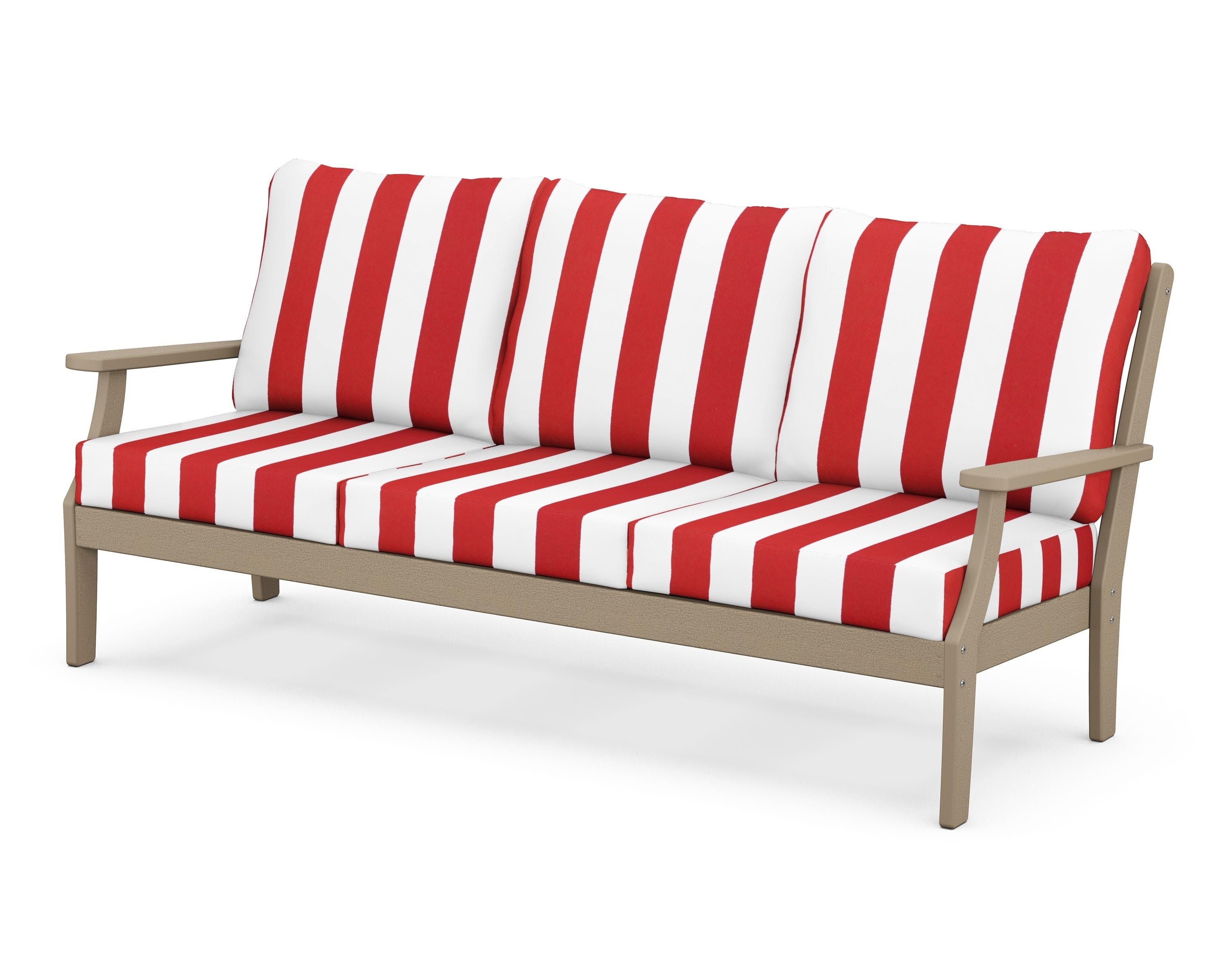 POLYWOOD® Braxton Deep Seating Sofa in Vintage Sahara / Cabana Stripe Crimson