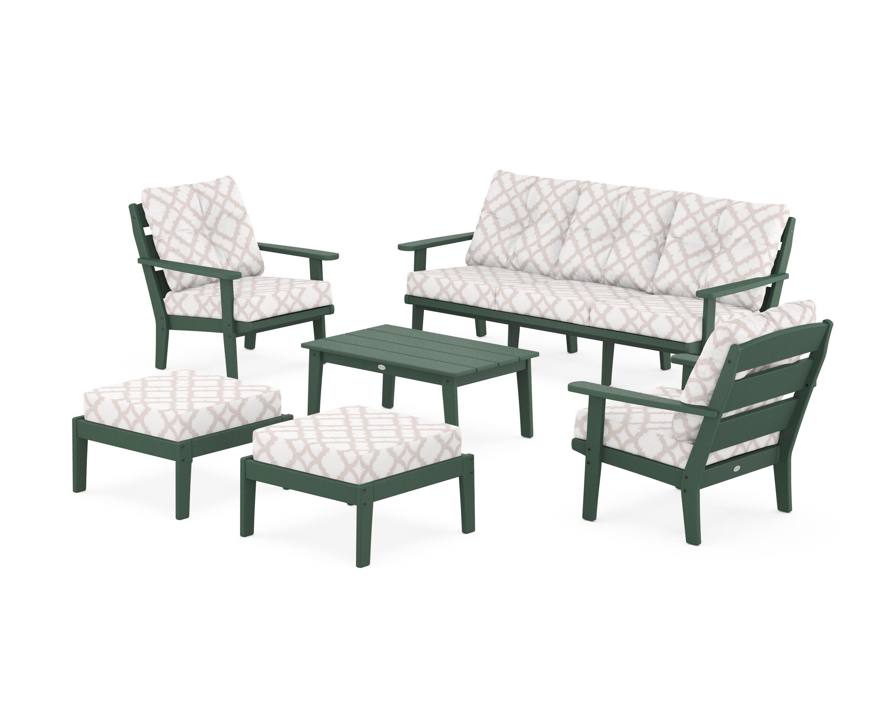 POLYWOOD® Lakeside 6-Piece Lounge Sofa Set in Green / Trellis Dune Burlap