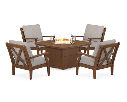 POLYWOOD® Braxton 5-Piece Deep Seating Conversation Set with Fire Pit Table in Teak / Weathered Tweed