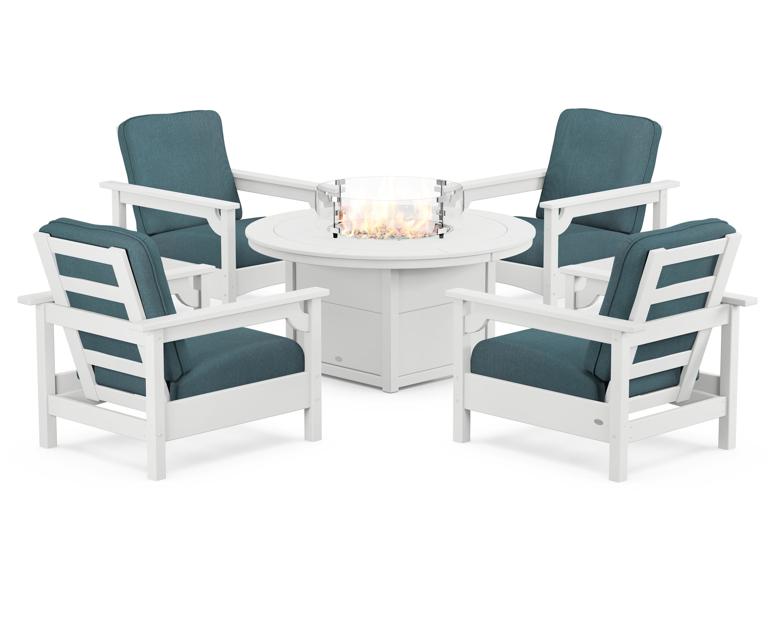 POLYWOOD® Club 5-Piece Conversation Set with Fire Pit Table in White / Ocean Teal