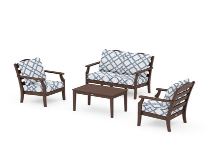 Draper James™ by  POLYWOOD® Savannah 4-Piece Deep Seating Set with Loveseat in Mahogany / Trellis Sky Blue