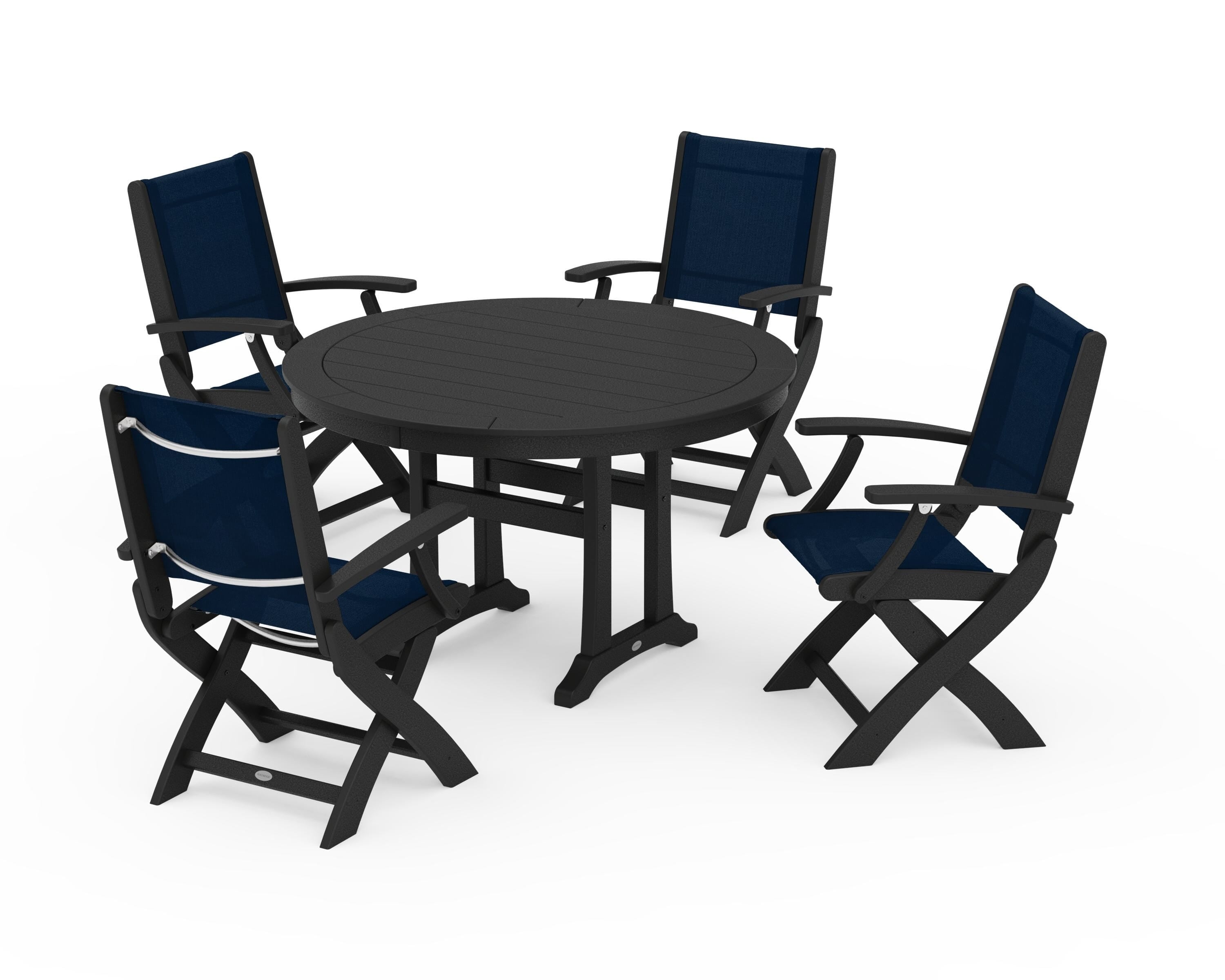 POLYWOOD® Coastal Folding Chair 5-Piece Round Dining Set with Trestle Legs in Black / Navy Blue Sling
