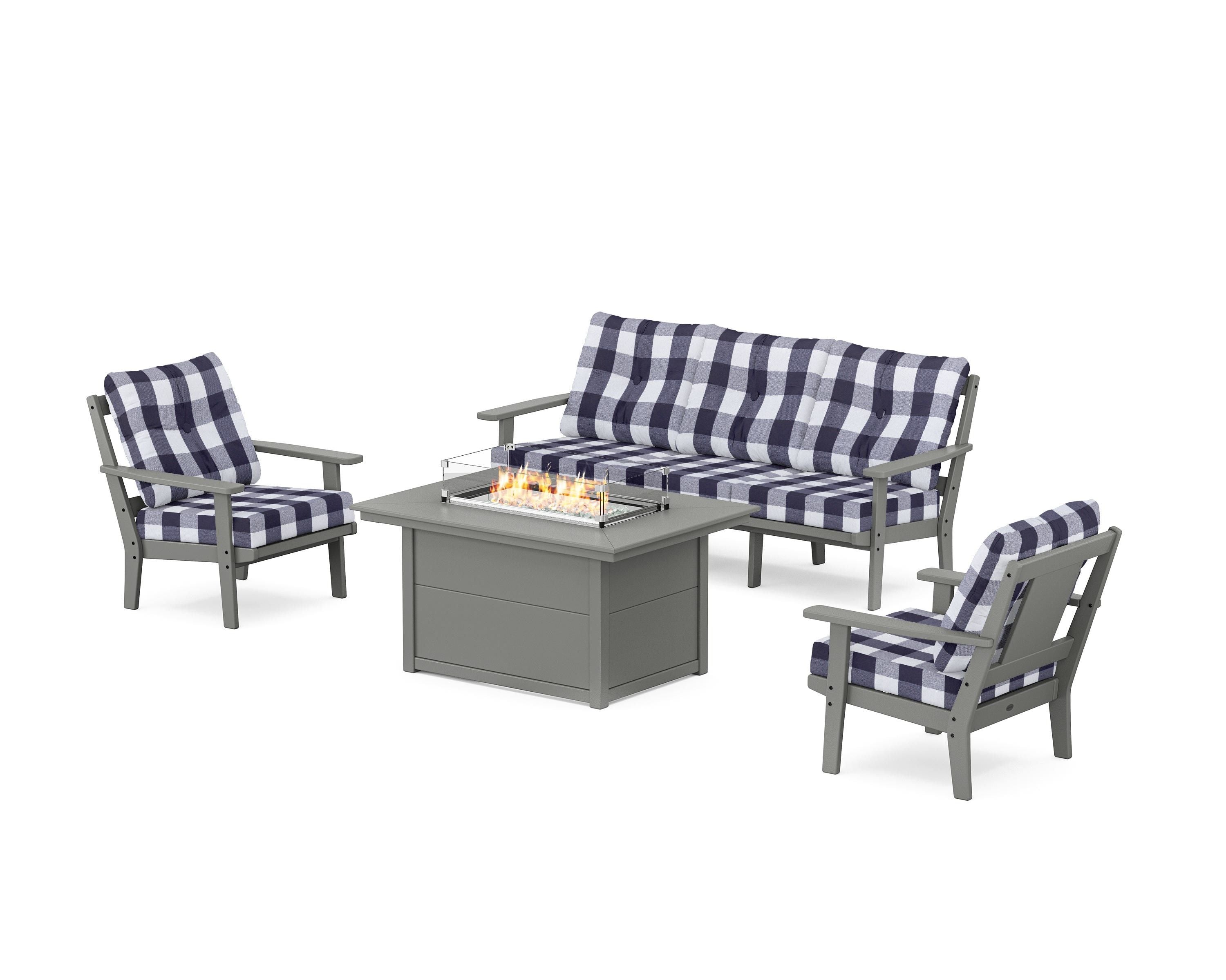 POLYWOOD® Prairie Deep Seating Fire Pit Table Set in Slate Grey / Buffalo Plaid Navy