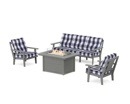 POLYWOOD® Prairie Deep Seating Fire Pit Table Set in Slate Grey / Buffalo Plaid Navy
