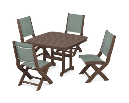 POLYWOOD® Coastal Folding Side Chair 5-Piece Dining Set in Mahogany / Dupioni Sea Mist Sling