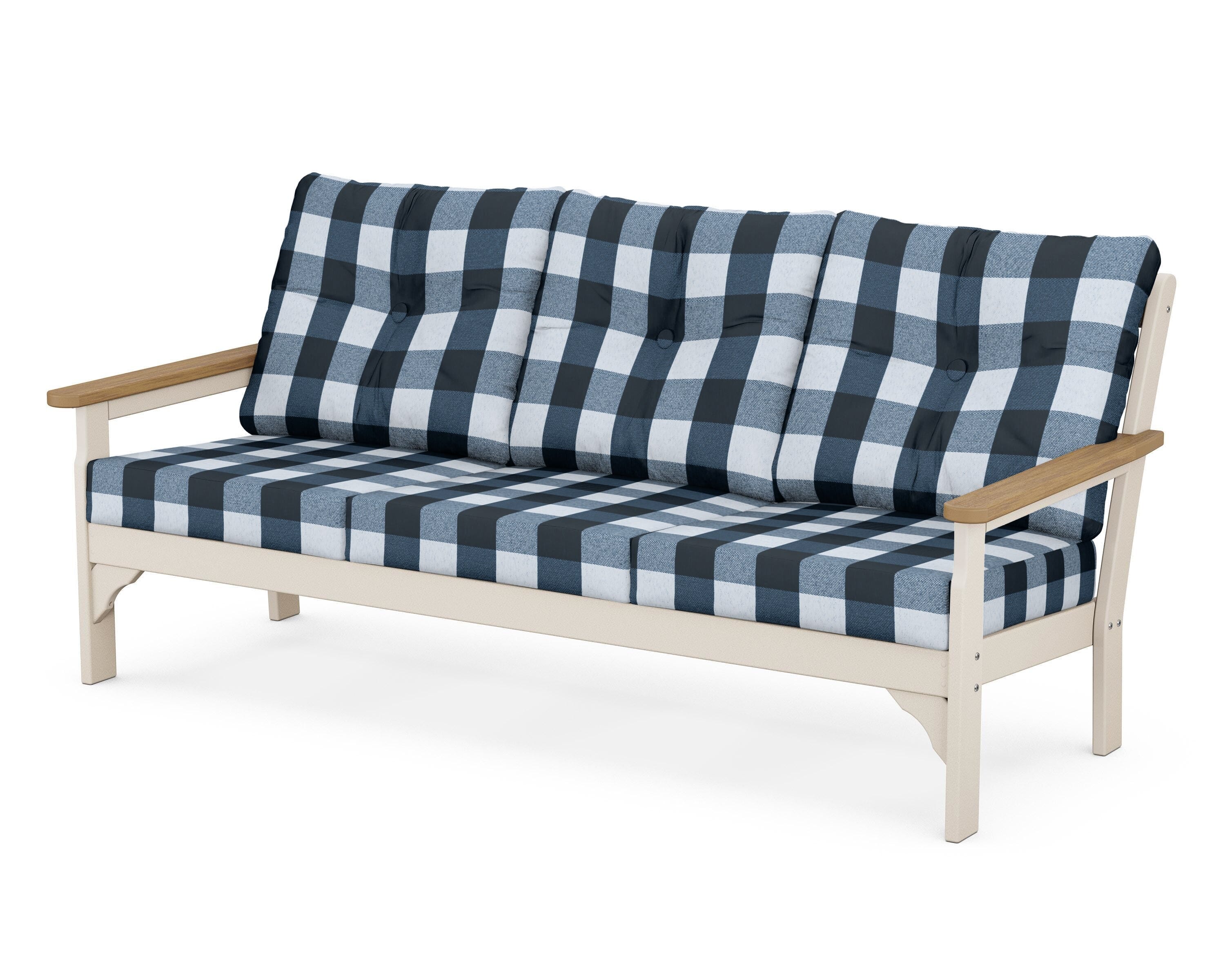 POLYWOOD® Vineyard Deep Seating Sofa in Sand / Natural / Buffalo Plaid Marine Indigo