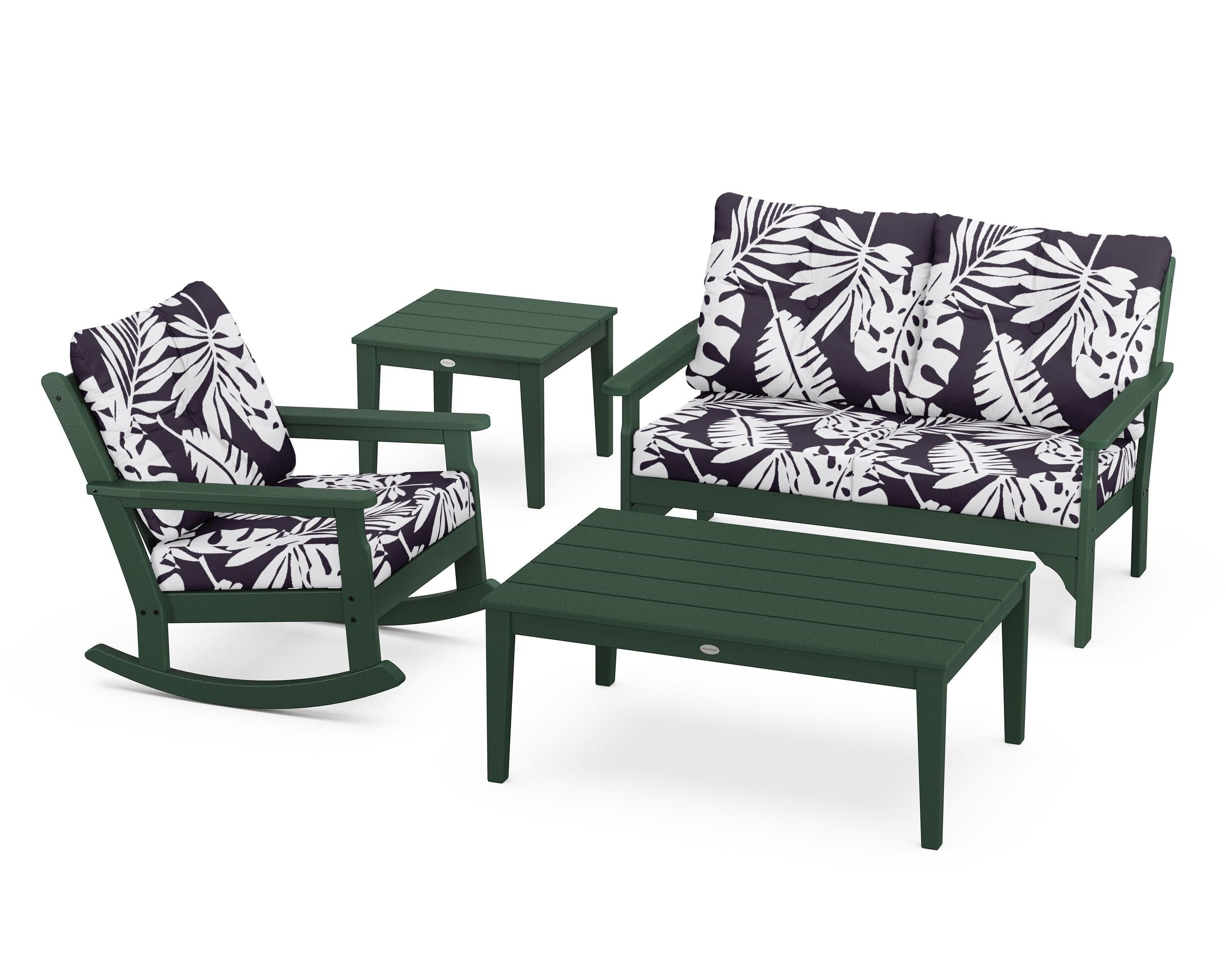 POLYWOOD® Vineyard 4-Piece Deep Seating Rocker Set in Green / Leaf Navy