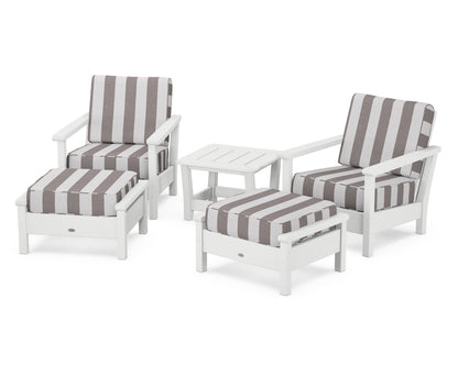 POLYWOOD® Harbour 5-Piece Deep Seating Chair Set in White / Cabana Stripe Grey Mist