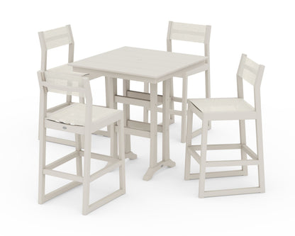 POLYWOOD® EDGE Sling Arm Chair 5-Piece Farmhouse Bar Set with Trestle Legs in Sand / Parchment Sling