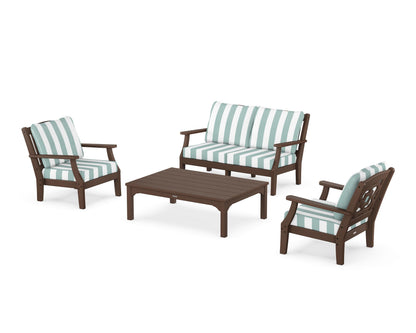 Martha Stewart by POLYWOOD® Chinoiserie 4-Piece Deep Seating Set with Loveseat in Mahogany / Cabana Stripe Glacier Spa