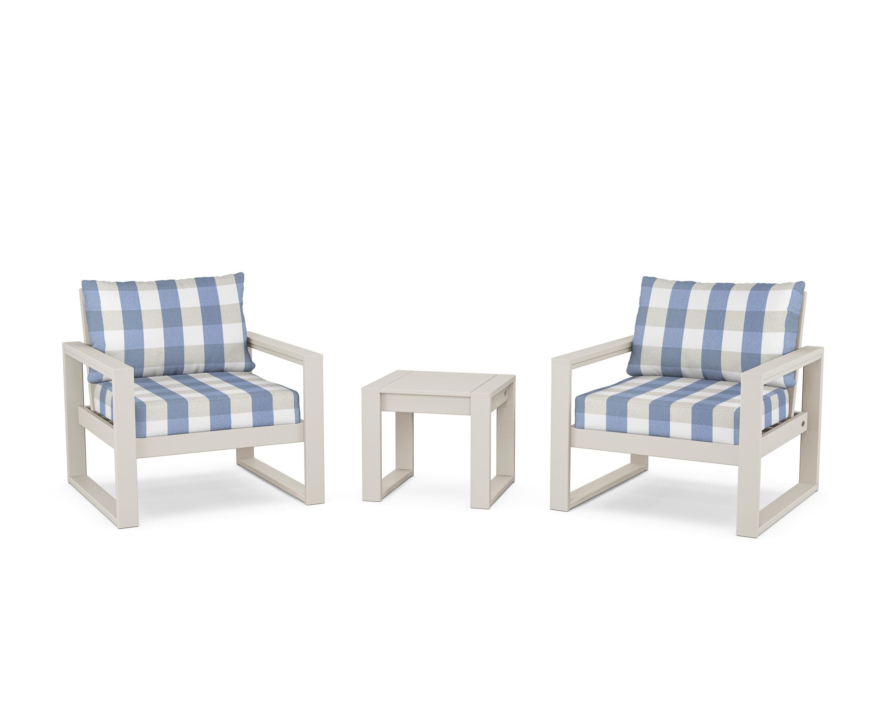 POLYWOOD® EDGE Sectional 3-Piece Deep Seating Set in Sand / Buffalo Plaid Sky Blue
