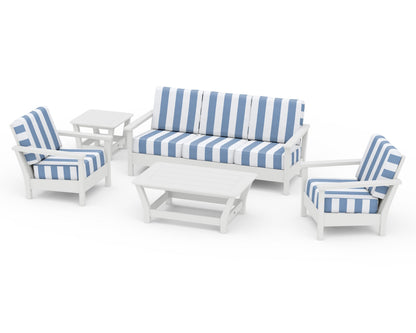 POLYWOOD® Harbour 5-Piece Deep Seating Set in White / Cabana Stripe Sky Blue