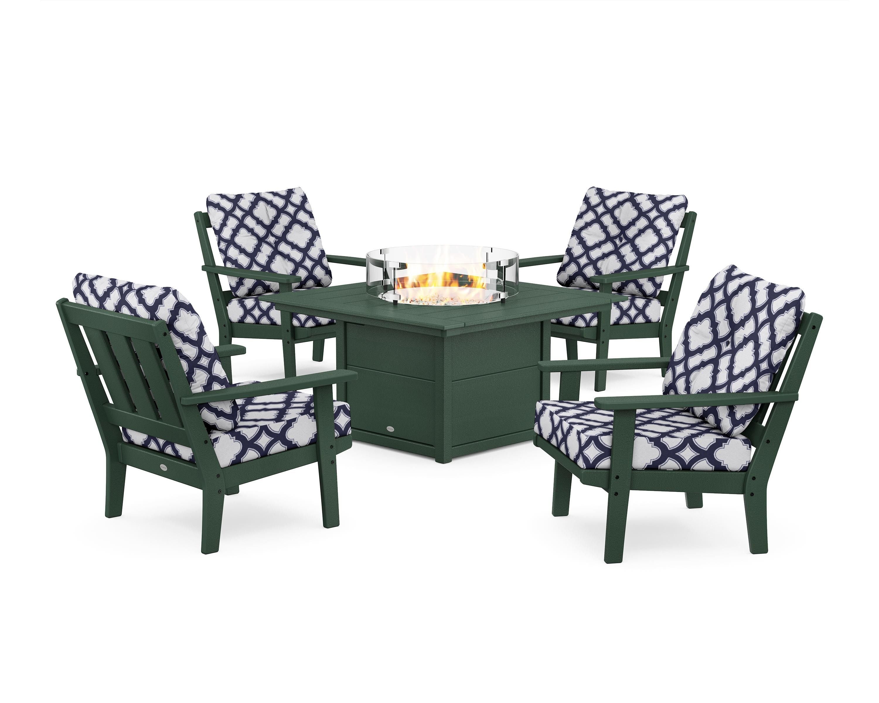 POLYWOOD® Oxford 5-Piece Deep Seating Set with Fire Pit Table in Green / Trellis Navy