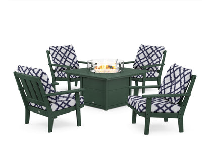 POLYWOOD® Oxford 5-Piece Deep Seating Set with Fire Pit Table in Green / Trellis Navy