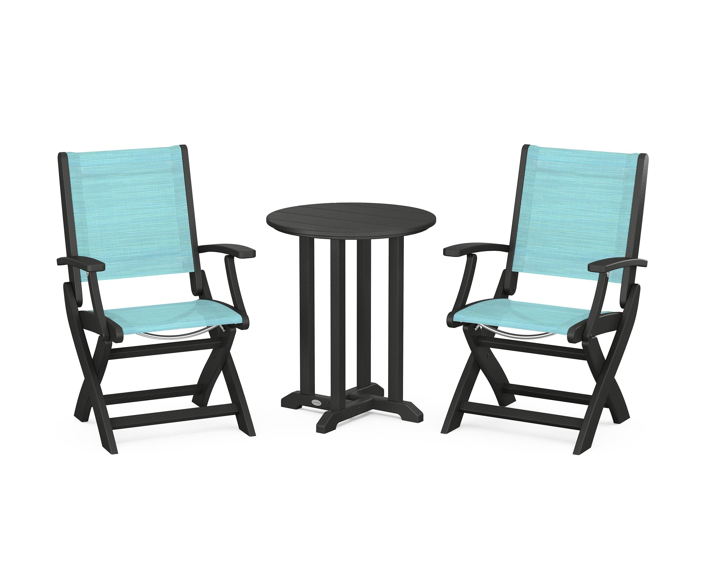 POLYWOOD® Coastal Folding 3-Piece Round Bistro Dining Set in Black / Dupioni Aquamarine Sling