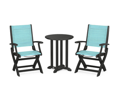 POLYWOOD® Coastal Folding 3-Piece Round Bistro Dining Set in Black / Dupioni Aquamarine Sling