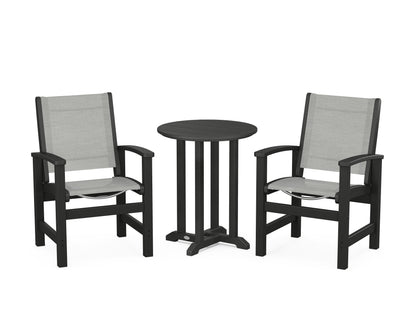 POLYWOOD® Coastal 3-Piece Round Bistro Dining Set in Black / Metallic Sling