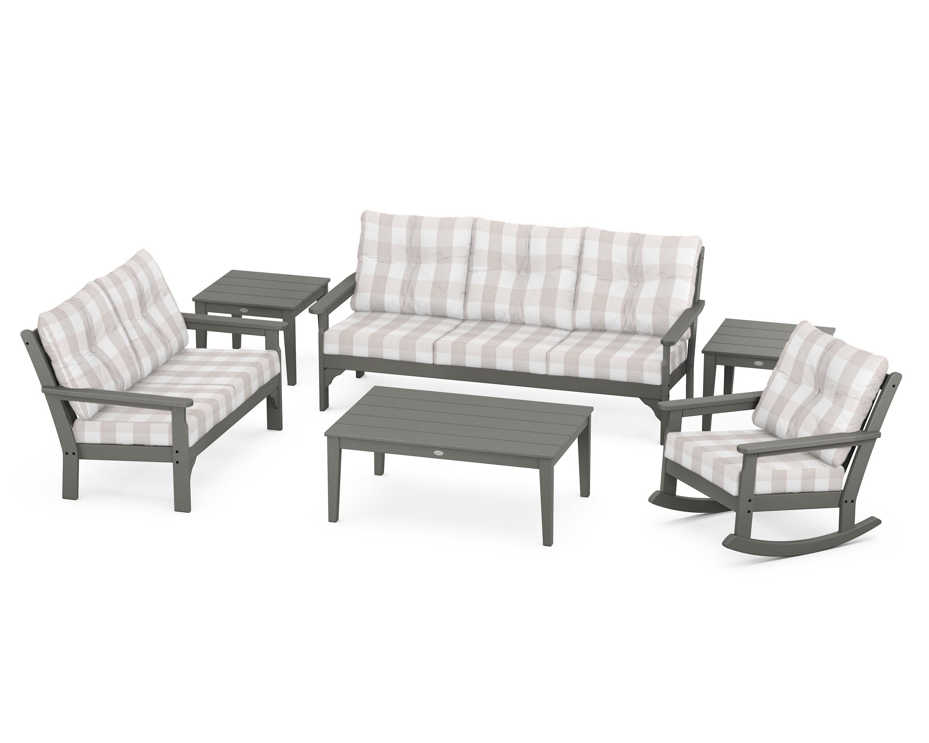 POLYWOOD® Vineyard 6-Piece Deep Seating Set in Slate Grey / Buffalo Plaid Dune Burlap