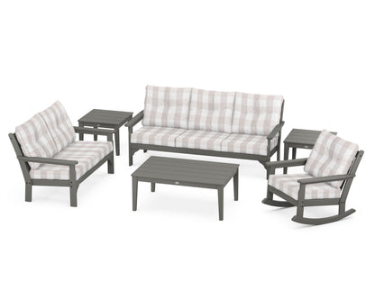 POLYWOOD® Vineyard 6-Piece Deep Seating Set in Slate Grey / Buffalo Plaid Dune Burlap